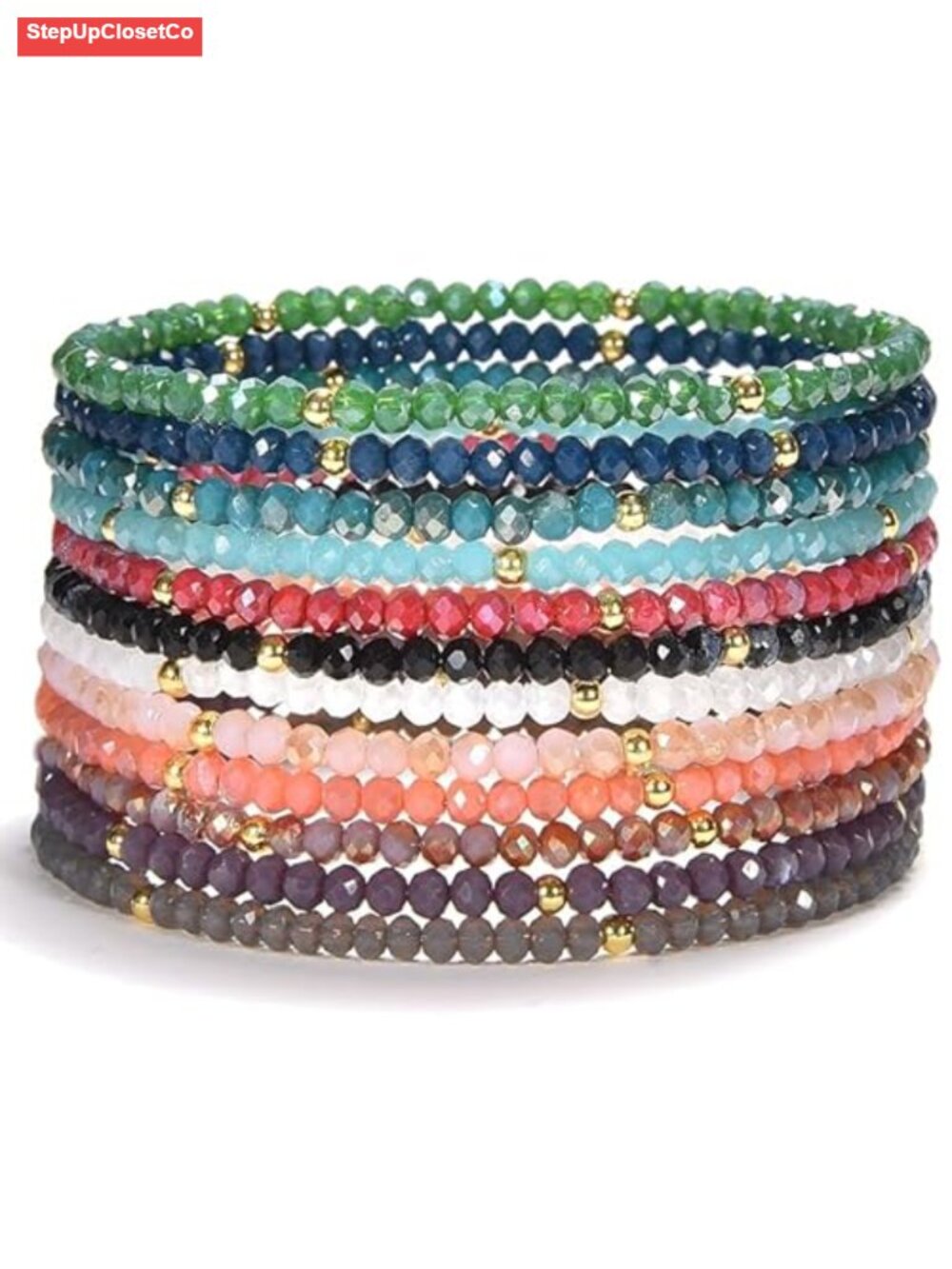 Women's Crystal Bracelets Set of 12 - Stretch Stackable Rondelle Beads
